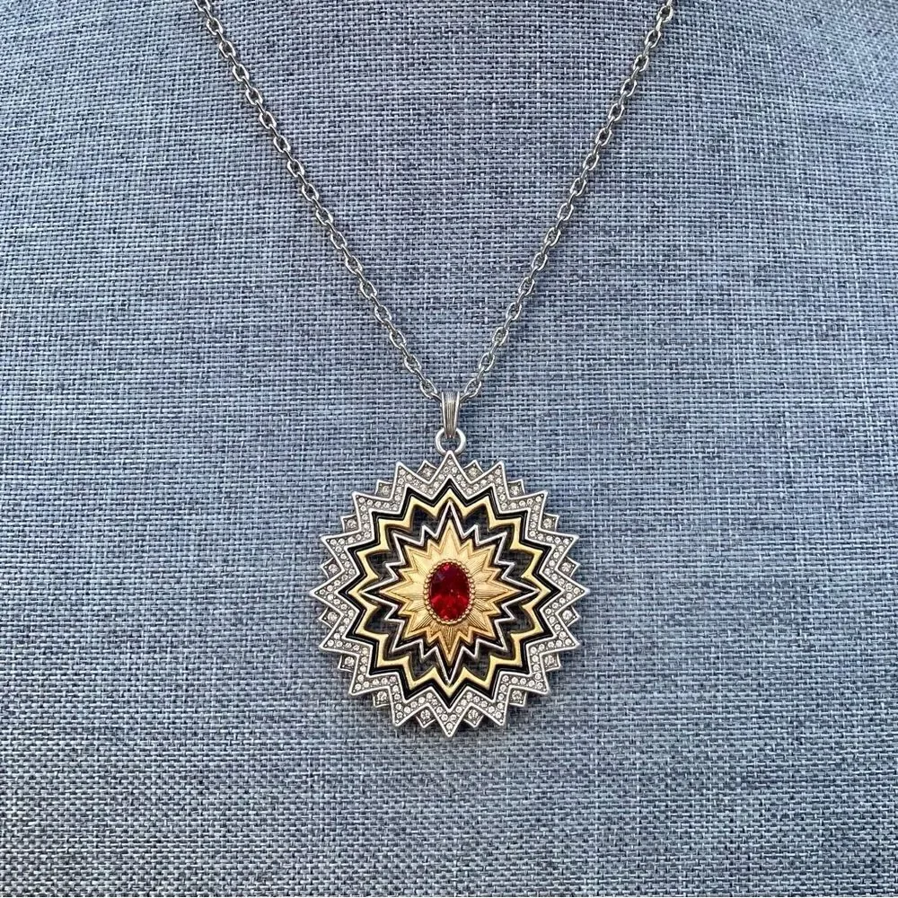 NWT New Brighton Gold/Silver Reversible Dynasty Sol Necklace w/Red Crystal